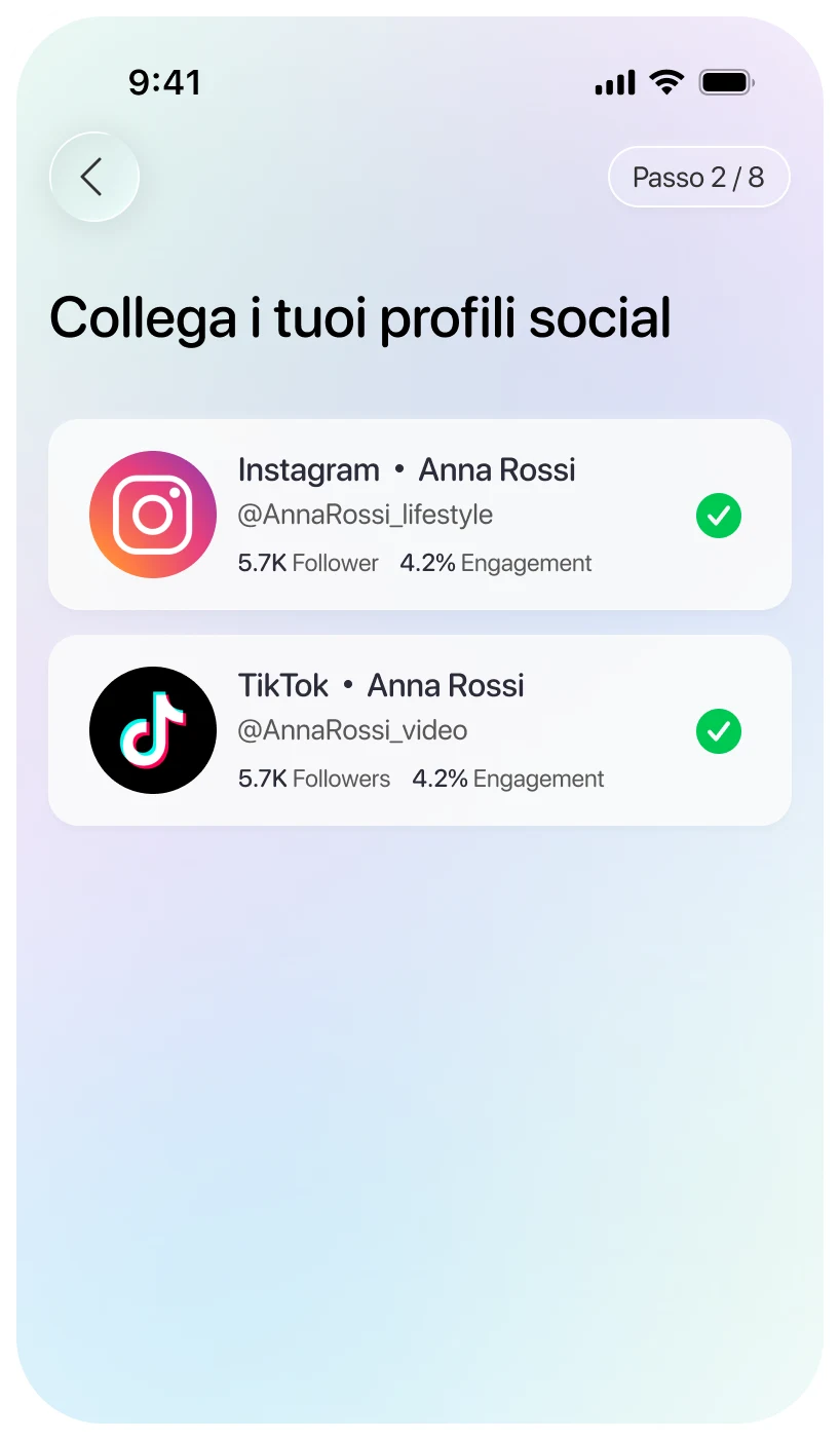 Colleghi i tuoi profili — schermata dell'app Rumoo