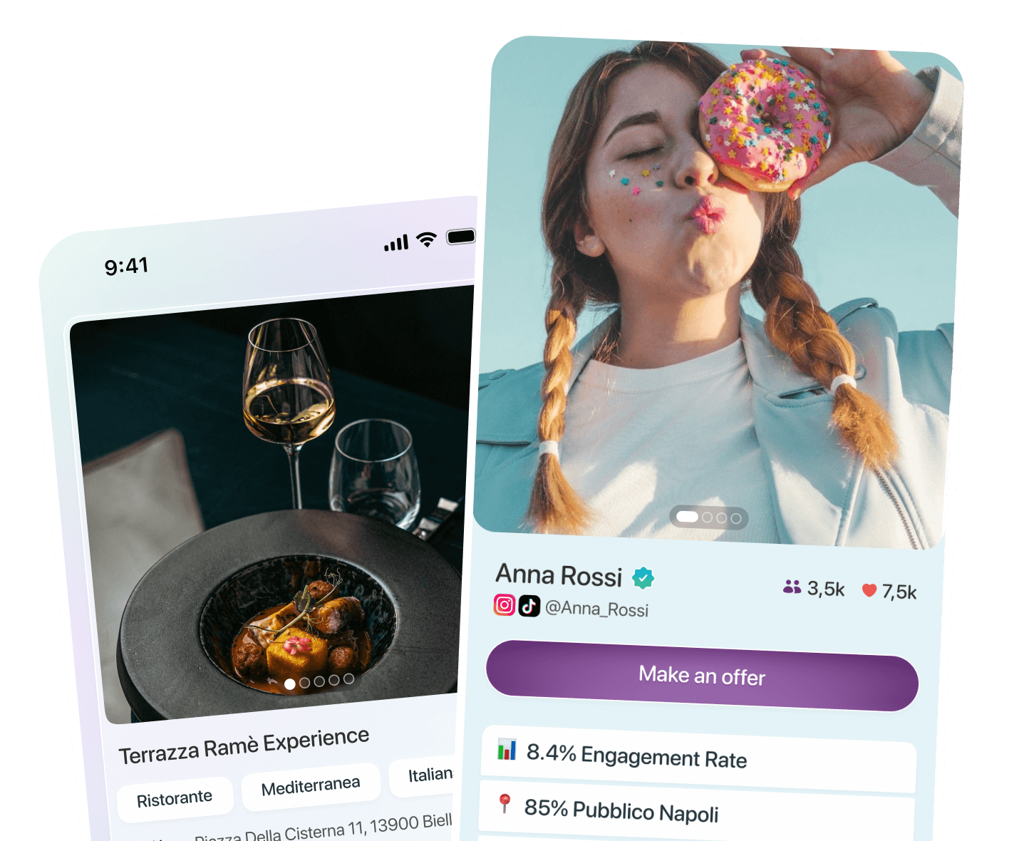 Screenshot dell'app Rumoo con profili di locali e creator