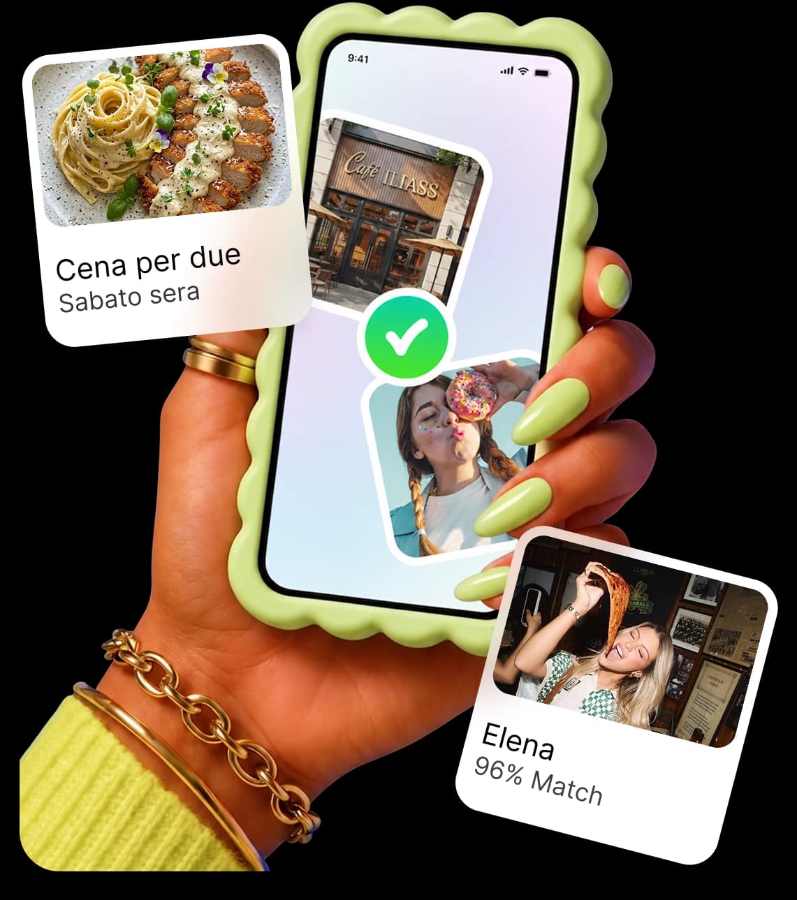 Mano che tiene un telefono con l'app Rumoo, un'offerta e un creator abbinato