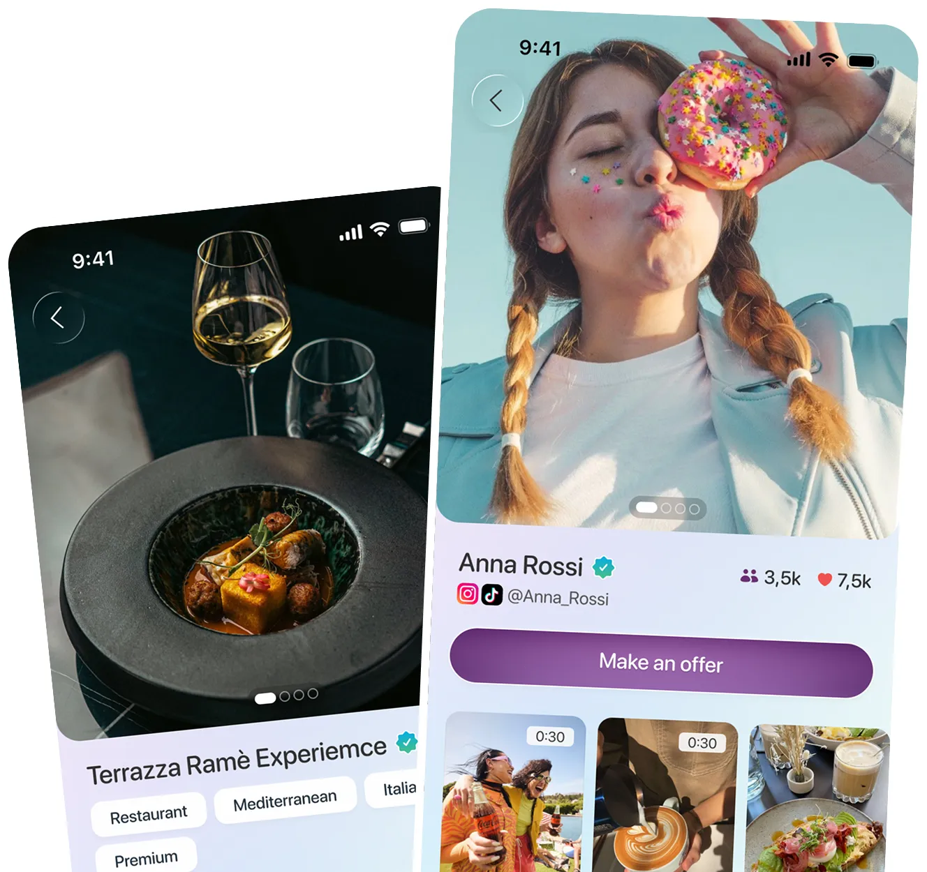 Screenshot dell'app Rumoo con profili di locali e creator